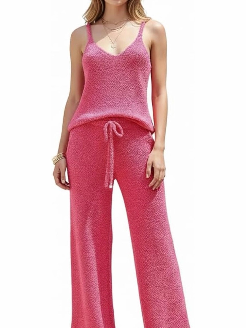 Women's Brushed Fleece Pajama Set sexy Spaghetti strap crop top wide leg pantsXL